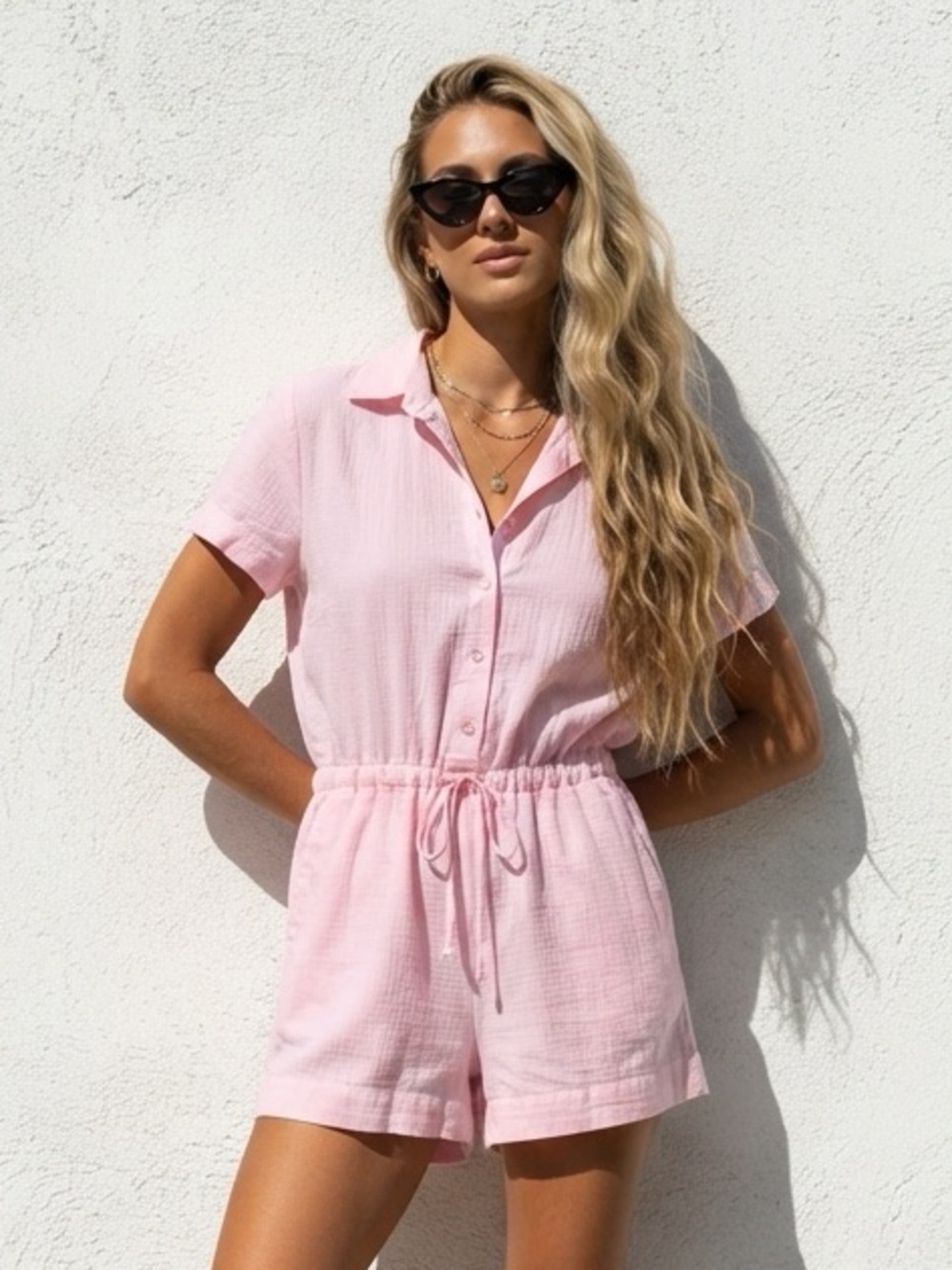 Fabletics Light Pink Short-Sleeve Drawstring Romper